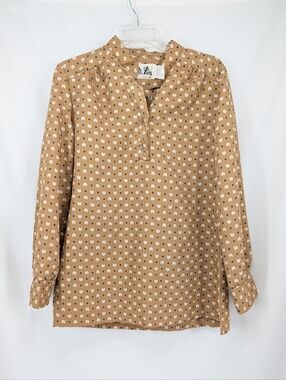 3/$20 Vintage Pearl Snap Tan Long-Sleeve Tunic Blouse White And Navy Print